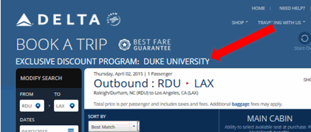 Display of Delta website with Duke University discount indicated